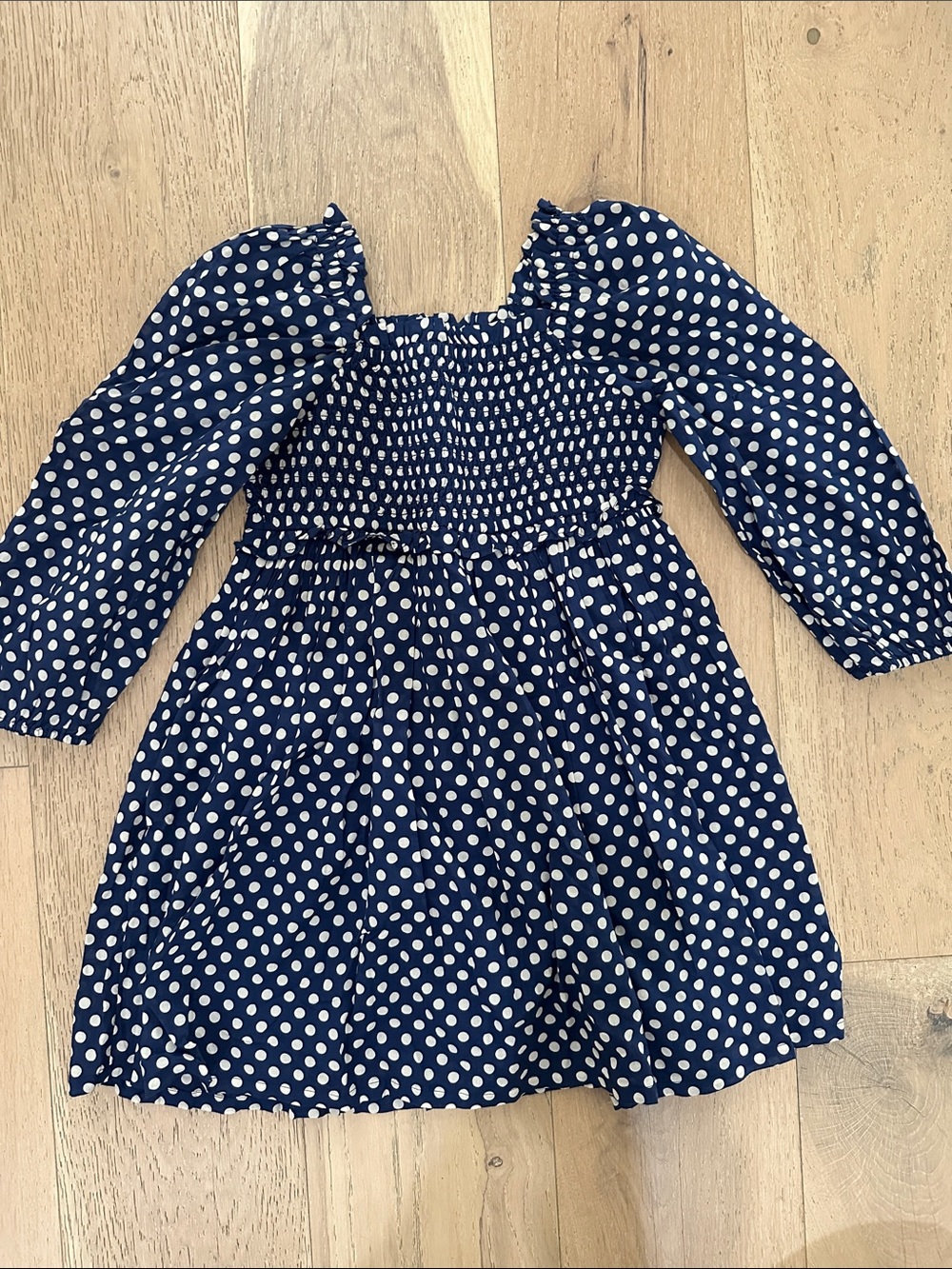 J. Crew Navy and White Polka Dot Smocked Long Sleeve Cotton Dress